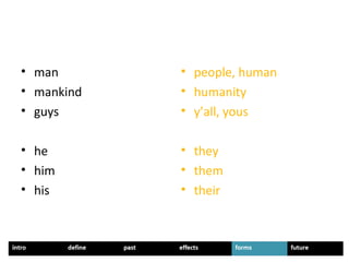 • man
• mankind
• guys
• he
• him
• his
• people, human
• humanity
• y’all, yous
• they
• them
• their
 