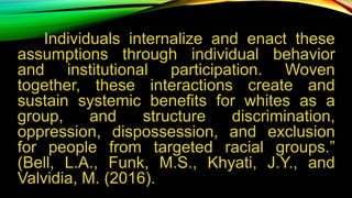 Individuals internalize and enact these
assumptions through individual behavior
and institutional participation. Woven
together, these interactions create and
sustain systemic benefits for whites as a
group, and structure discrimination,
oppression, dispossession, and exclusion
for people from targeted racial groups.”
(Bell, L.A., Funk, M.S., Khyati, J.Y., and
Valvidia, M. (2016).
 