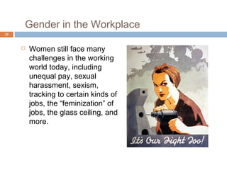 The Woman Question
29




        Socialist feminists argue that all social
         relations, including relations between workers
         and the owners of the means of production,
         stem from unequal gender relations.

        Social constructionists argue that gender is a
         process that people participate in with every
         social interaction they have.
 