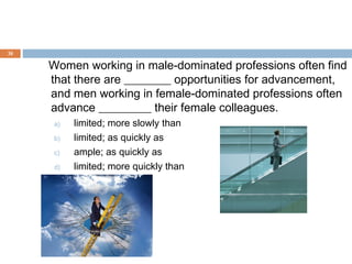 38

     Women working in male-dominated professions often find
     that there are ________ opportunities for advancement,
     and men working in female-dominated professions often
     advance _________ their female colleagues.
      a)   limited; more slowly than
      b)   limited; as quickly as
      c)   ample; as quickly as
      d)   limited; more quickly than
 