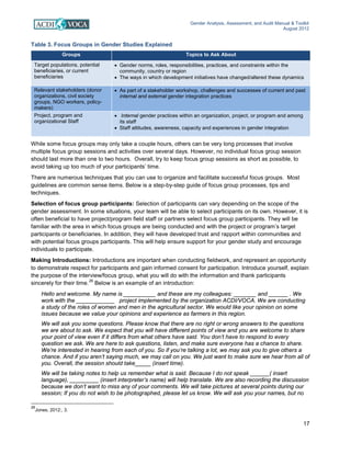 Gender Analysis, Assessment, and Audit Manual & Toolkit
August 2012
17
Table 3. Focus Groups in Gender Studies Explained
While some focus groups may only take a couple hours, others can be very long processes that involve
multiple focus group sessions and activities over several days. However, no individual focus group session
should last more than one to two hours. Overall, try to keep focus group sessions as short as possible, to
avoid taking up too much of your participants’ time.
There are numerous techniques that you can use to organize and facilitate successful focus groups. Most
guidelines are common sense items. Below is a step-by-step guide of focus group processes, tips and
techniques.
Selection of focus group participants: Selection of participants can vary depending on the scope of the
gender assessment. In some situations, your team will be able to select participants on its own. However, it is
often beneficial to have project/program field staff or partners select focus group participants. They will be
familiar with the area in which focus groups are being conducted and with the project or program’s target
participants or beneficiaries. In addition, they will have developed trust and rapport within communities and
with potential focus groups participants. This will help ensure support for your gender study and encourage
individuals to participate.
Making Introductions: Introductions are important when conducting fieldwork, and represent an opportunity
to demonstrate respect for participants and gain informed consent for participation. Introduce yourself, explain
the purpose of the interview/focus group, what you will do with the information and thank participants
sincerely for their time.
26
Below is an example of an introduction:
Hello and welcome. My name is __________ and these are my colleagues: _______ and ______ . We
work with the ____________ project implemented by the organization ACDI/VOCA. We are conducting
a study of the roles of women and men in the agricultural sector. We would like your opinion on some
issues because we value your opinions and experience as farmers in this region.
We will ask you some questions. Please know that there are no right or wrong answers to the questions
we are about to ask. We expect that you will have different points of view and you are welcome to share
your point of view even if it differs from what others have said. You don’t have to respond to every
question we ask. We are here to ask questions, listen, and make sure everyone has a chance to share.
We’re interested in hearing from each of you. So if you’re talking a lot, we may ask you to give others a
chance. And if you aren’t saying much, we may call on you. We just want to make sure we hear from all of
you. Overall, the session should take_____ (insert time).
We will be taking notes to help us remember what is said. Because I do not speak ______( insert
language), _________ (insert interpreter’s name) will help translate. We are also recording the discussion
because we don’t want to miss any of your comments. We will take pictures at several points during our
session; If you do not wish to be photographed, please let us know. We will ask you your names, but no
26
Jones, 2012:, 3.
Groups Topics to Ask About
Target populations, potential
beneficiaries, or current
beneficiaries
• Gender norms, roles, responsibilities, practices, and constraints within the
community, country or region
• The ways in which development initiatives have changed/altered these dynamics
Relevant stakeholders (donor
organizations, civil society
groups, NGO workers, policy-
makers)
• As part of a stakeholder workshop, challenges and successes of current and past
internal and external gender integration practices
Project, program and
organizational Staff
• Internal gender practices within an organization, project, or program and among
its staff
• Staff attitudes, awareness, capacity and experiences in gender integration
 