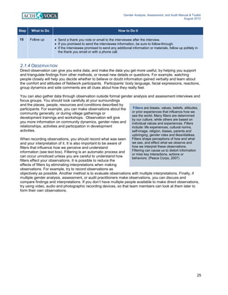 Gender Analysis, Assessment, and Audit Manual & Toolkit
August 2012
25
Filters are biases, values, beliefs, attitudes,
or prior experiences that influence how we
see the world. Many filters are determined
by our culture, while others are based on
individual values and experiences. Filters
include: life experiences, cultural norms,
self-image, religion, biases, parents and
upbringing, gender roles and likes/dislikes.
Filters shape perceptions of how and what
we see, and effect what we observe and
how we interpret these observations.
Filtering can cause us to distort information
or miss key interactions, actions or
behaviors. (Peace Corps, 2007)
2.1.4 OBSERVATION
Direct observation can give you extra data, and make the data you get more useful, by helping you support
and triangulate findings from other methods, or reveal new details or questions. For example, watching
people closely will help you decide whether to believe or doubt information gained verbally and learn about
the comfort and attitudes of fieldwork participants. Participants’ body language, facial expressions, reactions,
group dynamics and side comments are all clues about how they really feel.
You can also gather data through observation outside formal gender analysis and assessment interviews and
focus groups. You should look carefully at your surroundings
and the places, people, resources and conditions described by
participants. For example, you can make observations about the
community generally, or during village gatherings or
development trainings and workshops. Observation will give
you more information on community dynamics, gender roles and
relationships, activities and participation in development
activities.
When recording observations, you should record what was seen
and your interpretation of it. It is also important to be aware of
filters that influence how we perceive and understand
information (see text box). Filtering is an automatic process and
can occur unnoticed unless you are careful to understand how
filters effect your observations. It is possible to reduce the
effects of filters by eliminating interpretations when making
observations. For example, try to record observations as
objectively as possible. Another method is to evaluate observations with multiple interpretations. Finally, if
multiple gender analysis, assessment, or audit practitioners make observations, you can discuss and
compare findings and interpretations. If you don’t have multiple people available to make direct observations,
try using video, audio and photographic recording devices, so that team members can look at them later to
form their own observations.
Step What to Do How to Do it
15 Follow up • Send a thank you note or email to the interviewee after the interview.
• If you promised to send the interviewee information, be sure to follow-through.
• If the interviewee promised to send any additional information or materials, follow up politely in
the thank you email or with a phone call.
 