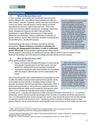 Gender Analysis, Assessment, and Audit Manual & Toolkit
August 2012
2
Gender is defined here as the socially
constructed differences between
males and females, and the social
roles and relationships between them.
Gender constructs and identities vary
over time and culture. Gender roles
and relations shape the dynamics of
human interactions and the greater
society on all levels. Although gender
is about the roles and relationships of
women and men, the term “gender” is
typically associated with women. This
is because once you analyze the
situation of women and men in
relationship to each other, you often
see that women are disadvantaged
and unequal in comparison to men.
What’s the difference between
gender equity and gender equality?
The terms gender equity and gender
equality are often used
interchangeably, but there is a slight
difference. Gender equity refers to an
approach where measures are put in
place to compensate for the historical
and social disadvantages that prevent
women and men from operating on a
level playing field. Gender equality
refers to a relational status between
women and men. Gender equity is a
means to achieving gender equality.
INTRODUCTION
I. WHAT IS GENDER ANALYSIS?
In most countries, communities and households, men and women
perform different roles, have different responsibilities and different—
often unequal—statuses. Frequently, women have less ownership and
control over assets, reduced decision-making capacity and fewer
educational and economic opportunities than men.
1
Due to this,
women and men have different experiences, knowledge, talents and
needs. Development initiatives can affect male and female
beneficiaries in vastly different ways because of these gender
differences and inequalities. Without a deliberate consideration of
gender dynamics, women often encounter obstacles to participating in,
and benefiting from, development projects.
Understanding gender issues is therefore essential for effective
development. Gender analysis is a process of collecting and
analyzing sex-disaggregated information in order to understand
gender differences. Gender analysis explores gender differences so
policies, programs and projects can identify and meet the different needs of men and women. It also
facilitates the strategic use of the distinct knowledge and skills women and men possess.
II. WHY DO GENDER ANALYSIS?
We do gender analysis in order to:
• Design and implement development projects in a way that will
close gender inequality gaps so that both women and men
benefit from development and are equitably empowered.
• Understand how gender roles, responsibilities and inequalities
affect the project’s effectiveness and the sustainability of its
results.
Data shows that gender roles, responsibilities and inequalities can and
do affect the ability to achieve broad-based economic growth, strong
communities and food security in emerging market countries. For
example, according to the Food and Agriculture Organization (FAO), if
women had equal access to, and control over, productive resources,
agricultural production yields would increase by 20-30 percent, which
could, in turn, increase the total agricultural output in developing
countries by 2.5 - 4 percent and reduce the number of hungry individuals in the world by 12 - 17.2 percent.
3
Additionally, women allocate a greater percentage of their incomes to household and family expenses than
men. It is estimated that when women and girls earn income, they reinvest 90 percent of it into their families,
compared to only 30 to 40 percent for men.
4
Increasing women’s incomes or enabling women to have
greater influence over economic decisions would typically mean more income for food, health, education and
1
USAID, “Gender Equality and Women’s Empowerment: Integrating Gender.” (2012). Accessed June 8, 2012,
http://transition.usaid.gov/our_work/cross-cutting_programs/wid/gender/index.html
3
Food and Agriculture Organization (FAO), “State of Food and Agriculture 2010-2011, Women in Agriculture: Closing the gender gap for
development,” Rome, Italy: FAO (2011).
4
Borges, Phil, “Women Empowered: Inspiring Change in the Emerging World,” New York: Rizzoli, (2007), 13.
 