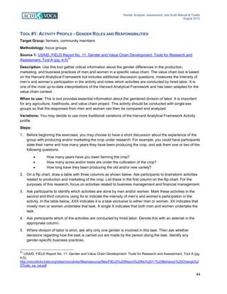 Gender Analysis, Assessment, and Audit Manual & Toolkit
August 2012
44
TOOL #1: ACTIVITY PROFILE - GENDER ROLES AND RESPONSIBILITIES
Target Group: farmers, community members
Methodology: focus groups
Source 1: USAID, FIELD Report No. 11: Gender and Value Chain Development: Tools for Research and
Assessment, Tool A (pg. 4-5)
51
Description: Use this tool gather critical information about the gender differences in the production,
marketing, and business practices of men and women in a specific value chain. The value chain tool is based
on the Harvard Analytical Framework but includes additional discussion questions, measures the intensity of
men’s and women’s participation in the activity and notes which activities are conducted by hired labor. It is
one of the most up-to-date interpretations of the Harvard Analytical Framework and has been adapted for the
value chain context.
When to use: This is tool provides essential information about the gendered division of labor. It is important
for any agriculture, livelihoods, and value chain project. This activity should be conducted with single-sex
groups so that the responses from men and women can then be compared and analyzed.
Variations: You may decide to use more traditional variations of the Harvard Analytical Framework Activity
profile.
Steps:
1. Before beginning the exercises, you may choose to have a short discussion about the experience of the
group with producing and/or marketing the crop under research. For example, you could have participants
state their name and how many years they have been producing the crop, and ask them one or two of the
following questions:
• How many years have you been farming the crop?
• How many acres and/or trees are under the cultivation of the crop?
• How long have they been producing the old and/or new variety?
2. On a flip chart, draw a table with three columns as shown below. Ask participants to brainstorm activities
related to production and marketing of the crop. List these in the first column on the flip chart. For the
purposes of this research, focus on activities related to business management and financial management.
3. Ask participants to identify which activities are done by men and/or women. Mark these activities in the
second and third columns using Xs to indicate the intensity of men’s and women’s participation in the
activity. In the table below, XXX indicates it is a task exclusive to either men or women. XX indicates that
mostly men or women undertake that task. A single X indicates that both men and women undertake the
task.
4. Ask participants which of the activities are conducted by hired labor. Denote this with an asterisk in the
appropriate column.
5. Where division of labor is strict, ask why only one gender is involved in this task. Then ask whether
decisions regarding how the task is carried out are made by the person doing the task. Identify any
gender-specific business practices.
51
USAID, FIELD Report No. 11: Gender and Value Chain Development: Tools for Research and Assessment, Tool A (pg.
4-5)
http://microlinks.kdid.org/sites/microlinks/files/resource/files/FIELD%20Report%20No%2011%20Behavior%20Change%2
0Tools_sa_na.pdf
 