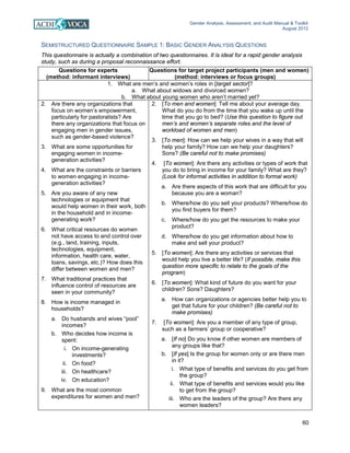 Gender Analysis, Assessment, and Audit Manual & Toolkit
August 2012
60
SEMISTRUCTURED QUESTIONNAIRE SAMPLE 1: BASIC GENDER ANALYSIS QUESTIONS
This questionnaire is actually a combination of two questionnaires. It is ideal for a rapid gender analysis
study, such as during a proposal reconnaissance effort.
Questions for experts
(method: informant interviews)
Questions for target project participants (men and women)
(method: interviews or focus groups)
1. What are men’s and women’s roles in [target sector]?
a. What about widows and divorced women?
b. What about young women who aren’t married yet?
2. Are there any organizations that
focus on women’s empowerment,
particularly for pastoralists? Are
there any organizations that focus on
engaging men in gender issues,
such as gender-based violence?
3. What are some opportunities for
engaging women in income-
generation activities?
4. What are the constraints or barriers
to women engaging in income-
generation activities?
5. Are you aware of any new
technologies or equipment that
would help women in their work, both
in the household and in income-
generating work?
6. What critical resources do women
not have access to and control over
(e.g., land, training, inputs,
technologies, equipment,
information, health care, water,
loans, savings, etc.)? How does this
differ between women and men?
7. What traditional practices that
influence control of resources are
seen in your community?
8. How is income managed in
households?
a. Do husbands and wives “pool”
incomes?
b. Who decides how income is
spent:
i. On income-generating
investments?
ii. On food?
iii. On healthcare?
iv. On education?
9. What are the most common
expenditures for women and men?
2. [To men and women]: Tell me about your average day.
What do you do from the time that you wake up until the
time that you go to bed? (Use this question to figure out
men’s and women’s separate roles and the level of
workload of women and men)
3. [To men]: How can we help your wives in a way that will
help your family? How can we help your daughters?
Sons? (Be careful not to make promises)
4. [To women]: Are there any activities or types of work that
you do to bring in income for your family? What are they?
(Look for informal activities in addition to formal work)
a. Are there aspects of this work that are difficult for you
because you are a woman?
b. Where/how do you sell your products? Where/how do
you find buyers for them?
c. Where/how do you get the resources to make your
product?
d. Where/how do you get information about how to
make and sell your product?
5. [To women]: Are there any activities or services that
would help you live a better life? (If possible, make this
question more specific to relate to the goals of the
program)
6. [To women]: What kind of future do you want for your
children? Sons? Daughters?
a. How can organizations or agencies better help you to
get that future for your children? (Be careful not to
make promises)
7. [To women]: Are you a member of any type of group,
such as a farmers’ group or cooperative?
a. [If no] Do you know if other women are members of
any groups like that?
b. [If yes] Is the group for women only or are there men
in it?
i. What type of benefits and services do you get from
the group?
ii. What type of benefits and services would you like
to get from the group?
iii. Who are the leaders of the group? Are there any
women leaders?
 