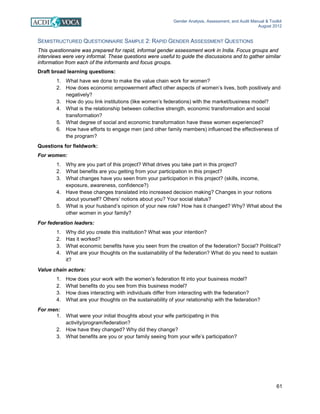 Gender Analysis, Assessment, and Audit Manual & Toolkit
August 2012
61
SEMISTRUCTURED QUESTIONNAIRE SAMPLE 2: RAPID GENDER ASSESSMENT QUESTIONS
This questionnaire was prepared for rapid, informal gender assessment work in India. Focus groups and
interviews were very informal. These questions were useful to guide the discussions and to gather similar
information from each of the informants and focus groups.
Draft broad learning questions:
1. What have we done to make the value chain work for women?
2. How does economic empowerment affect other aspects of women’s lives, both positively and
negatively?
3. How do you link institutions (like women’s federations) with the market/business model?
4. What is the relationship between collective strength, economic transformation and social
transformation?
5. What degree of social and economic transformation have these women experienced?
6. How have efforts to engage men (and other family members) influenced the effectiveness of
the program?
Questions for fieldwork:
For women:
1. Why are you part of this project? What drives you take part in this project?
2. What benefits are you getting from your participation in this project?
3. What changes have you seen from your participation in this project? (skills, income,
exposure, awareness, confidence?)
4. Have these changes translated into increased decision making? Changes in your notions
about yourself? Others’ notions about you? Your social status?
5. What is your husband’s opinion of your new role? How has it changed? Why? What about the
other women in your family?
For federation leaders:
1. Why did you create this institution? What was your intention?
2. Has it worked?
3. What economic benefits have you seen from the creation of the federation? Social? Political?
4. What are your thoughts on the sustainability of the federation? What do you need to sustain
it?
Value chain actors:
1. How does your work with the women’s federation fit into your business model?
2. What benefits do you see from this business model?
3. How does interacting with individuals differ from interacting with the federation?
4. What are your thoughts on the sustainability of your relationship with the federation?
For men:
1. What were your initial thoughts about your wife participating in this
activity/program/federation?
2. How have they changed? Why did they change?
3. What benefits are you or your family seeing from your wife’s participation?
 