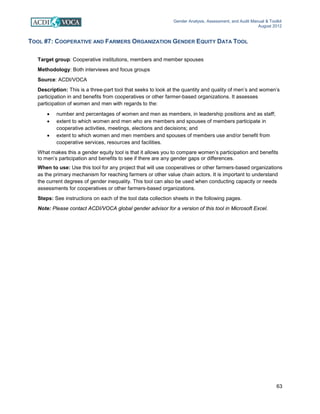 Gender Analysis, Assessment, and Audit Manual & Toolkit
August 2012
63
TOOL #7: COOPERATIVE AND FARMERS ORGANIZATION GENDER EQUITY DATA TOOL
Target group: Cooperative institutions, members and member spouses
Methodology: Both interviews and focus groups
Source: ACDI/VOCA
Description: This is a three-part tool that seeks to look at the quantity and quality of men’s and women’s
participation in and benefits from cooperatives or other farmer-based organizations. It assesses
participation of women and men with regards to the:
• number and percentages of women and men as members, in leadership positions and as staff;
• extent to which women and men who are members and spouses of members participate in
cooperative activities, meetings, elections and decisions; and
• extent to which women and men members and spouses of members use and/or benefit from
cooperative services, resources and facilities.
What makes this a gender equity tool is that it allows you to compare women’s participation and benefits
to men’s participation and benefits to see if there are any gender gaps or differences.
When to use: Use this tool for any project that will use cooperatives or other farmers-based organizations
as the primary mechanism for reaching farmers or other value chain actors. It is important to understand
the current degrees of gender inequality. This tool can also be used when conducting capacity or needs
assessments for cooperatives or other farmers-based organizations.
Steps: See instructions on each of the tool data collection sheets in the following pages.
Note: Please contact ACDI/VOCA global gender advisor for a version of this tool in Microsoft Excel.
 