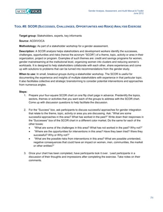 Gender Analysis, Assessment, and Audit Manual & Toolkit
June 2012
71
TOOL #8: SCOR (SUCCESSES, CHALLENGES, OPPORTUNITIES AND RISKS) ANALYSIS EXERCISE
Target group: Stakeholders, experts, key informants
Source: ACDI/VOCA
Methodology: As part of a stakeholder workshop for a gender assessment.
Description: A SCOR analysis helps stakeholders and development workers identify the successes,
challenges, opportunities and risks (hence the acronym “SCOR”) of a theme, topic, activity or area in their
organization, project or program. Examples of such themes are: credit and savings programs for women,
gender mainstreaming at the institutional level, organizing women into clusters and reducing women’s
workloads. It is designed to help stakeholders collaborate with each other, share experiences and come
up with solutions to problems that can be turned into recommendations from the gender study.
When to use: In small, breakout groups during a stakeholder workshop. The SCOR is useful for
documenting the experience and insights of multiple stakeholders with experience in that particular topic.
It also facilitates collective and strategic brainstorming to consider potential interventions and approaches
from numerous angles.
Steps:
1. Prepare your four-square SCOR chart on one flip chart page in advance. Preidentify the topics,
sectors, themes or activities that you want each of the groups to address with the SCOR chart.
Come up with discussion questions to help facilitate the discussion.
2. For the “Success” box, ask participants to discuss successful approaches for gender integration
that relate to the theme, topic, activity or area you are discussing. Ask: “What are some
successful approaches in this area? What has worked in the past?” Write down their responses in
the “Successes” box of the SCOR chart in a different color market. Do the same for each of the
other boxes:
• “What are some of the challenges in this area? What has not worked in the past? Why not?”
• “Where are the opportunities for interventions in this area? Have they been tried? Were they
successful? Why or Why not?”
• “What are the possible risks from interventions in this area? What are possible unintended,
negative consequences that could have an impact on women, men, communities, the market
or other entities?”
3. Once your chart has been completed, have participants look it over. Lead participants in a
discussion of their thoughts and impressions after completing the exercise. Take notes on their
comments.
 