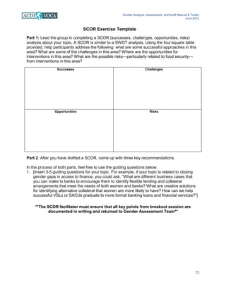 Gender Analysis, Assessment, and Audit Manual & Toolkit
June 2012
72
SCOR Exercise Template
Part 1: Lead the group in completing a SCOR (successes, challenges, opportunities, risks)
analysis about your topic. A SCOR is similar to a SWOT analysis. Using the four-square table
provided, help participants address the following: what are some successful approaches in this
area? What are some of the challenges in this area? Where are the opportunities for
interventions in this area? What are the possible risks—particularly related to food security—
from interventions in this area?
Successes Challenges
Opportunities Risks
Part 2. After you have drafted a SCOR, come up with three key recommendations.
In the process of both parts, feel free to use the guiding questions below:
1. [Insert 3-5 guiding questions for your topic. For example, if your topic is related to closing
gender gaps in access to finance, you could ask, “What are different business cases that
you can make to banks to encourage them to identify flexible lending and collateral
arrangements that meet the needs of both women and banks? What are creative solutions
for identifying alternative collateral that women are more likely to have? How can we help
successful VSLs or SACUs graduate to more formal banking loans and financial services?”]
**The SCOR facilitator must ensure that all key points from breakout session are
documented in writing and returned to Gender Assessment Team**
 