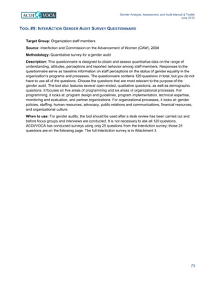 Gender Analysis, Assessment, and Audit Manual & Toolkit
June 2012
73
TOOL #9: INTERACTION GENDER AUDIT SURVEY QUESTIONNAIRE
Target Group: Organization staff members
Source: InterAction and Commission on the Advancement of Women (CAW), 2004
Methodology: Quantitative survey for a gender audit
Description: This questionnaire is designed to obtain and assess quantitative data on the range of
understanding, attitudes, perceptions and reported behavior among staff members. Responses to the
questionnaire serve as baseline information on staff perceptions on the status of gender equality in the
organization’s programs and processes. The questionnaire contains 120 questions in total, but you do not
have to use all of the questions. Choose the questions that are most relevant to the purpose of the
gender audit. The tool also features several open-ended, qualitative questions, as well as demographic
questions. It focuses on five areas of programming and six areas of organizational processes. For
programming, it looks at: program design and guidelines, program implementation, technical expertise,
monitoring and evaluation, and partner organizations. For organizational processes, it looks at: gender
policies, staffing, human resources, advocacy, public relations and communications, financial resources,
and organizational culture.
When to use: For gender audits, the tool should be used after a desk review has been carried out and
before focus groups and interviews are conducted. It is not necessary to ask all 120 questions.
ACDI/VOCA has conducted surveys using only 25 questions from the InterAction survey; those 25
questions are on the following page. The full InterAction survey is in Attachment 3.
 