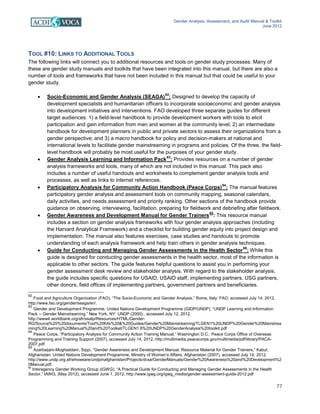 Gender Analysis, Assessment, and Audit Manual & Toolkit
June 2012
77
TOOL #10: LINKS TO ADDITIONAL TOOLS
The following links will connect you to additional resources and tools on gender study processes. Many of
these are gender study manuals and toolkits that have been integrated into this manual, but there are also a
number of tools and frameworks that have not been included in this manual but that could be useful to your
gender study.
• Socio-Economic and Gender Analysis (SEAGA)
62
: Designed to develop the capacity of
development specialists and humanitarian officers to incorporate socioeconomic and gender analysis
into development initiatives and interventions. FAO developed three separate guides for different
target audiences: 1) a field-level handbook to provide development workers with tools to elicit
participation and gain information from men and women at the community level; 2) an intermediate
handbook for development planners in public and private sectors to assess their organizations from a
gender perspective; and 3) a macro handbook for policy and decision-makers at national and
international levels to facilitate gender mainstreaming in programs and policies. Of the three, the field-
level handbook will probably be most useful for the purposes of your gender study.
• Gender Analysis Learning and Information Pack
63
: Provides resources on a number of gender
analysis frameworks and tools, many of which are not included in this manual. This pack also
includes a number of useful handouts and worksheets to complement gender analysis tools and
processes, as well as links to internet references.
• Participatory Analysis for Community Action Handbook (Peace Corps)
64
: The manual features
participatory gender analysis and assessment tools on community mapping, seasonal calendars,
daily activities, and needs assessment and priority ranking. Other sections of the handbook provide
guidance on observing, interviewing, facilitation, preparing for fieldwork and debriefing after fieldwork.
• Gender Awareness and Development Manual for Gender Trainers
65
: This resource manual
includes a section on gender analysis frameworks with four gender analysis approaches (including
the Harvard Analytical Framework) and a checklist for building gender equity into project design and
implementation. The manual also features exercises, case studies and handouts to promote
understanding of each analysis framework and help train others in gender analysis techniques.
• Guide for Conducting and Managing Gender Assessments in the Health Sector
66
: While this
guide is designed for conducting gender assessments in the health sector, most of the information is
applicable to other sectors. The guide features helpful questions to assist you in performing your
gender assessment desk review and stakeholder analysis. With regard to the stakeholder analysis,
the guide includes specific questions for USAID, USAID staff, implementing partners, USG partners,
other donors, field offices of implementing partners, government partners and beneficiaries.
62
Food and Agriculture Organization (FAO), “The Socio-Economic and Gender Analysis,” Rome, Italy: FAO, accessed July 14, 2012,
http://www.fao.org/gender/seaga/en/.
63
Gender and Development Programme, United Nations Development Programme (GIDP/UNDP), “UNDP Learning and Information
Pack -- Gender Mainstreaming,” New York, NY: UNDP (2000):, accessed July 12, 2012,
http://www4.worldbank.org/afr/ssatp/Resources/HTML/Gender-
RG/Source%20%20documents/Tool%20Kits%20&%20Guides/Gender%20Mainstreaming/TLGEN1%20UNDP%20Gender%20Mainstrea
ming%20Learning%20Manual%20and%20Toolket/TLGEN1.6%20UNDP%20GenderAnalysis%20toolkit.pdf
64
Peace Corps, “Participatory Analysis for Community Action Training Manual,” Washington D.C.: Peace Corps Office of Overseas
Programming and Training Support (2007), accessed July 14, 2012, http://multimedia.peacecorps.gov/multimedia/pdf/library/PACA-
2007.pdf
65
Azarbaijani-Moghaddam, Sippi, “Gender Awareness and Development Manual, Resource Material for Gender Trainers,” Kabul,
Afghanistan: United Nations Development Programme, Ministry of Women’s Affairs, Afghanistan (2007), accessed July 14, 2012,
http://www.undp.org.af/whoweare/undpinafghanistan/Projects/dcse/GenderManuals/Gender%20Awareness%20and%20Development%2
0Manual.pdf.
66
Interagency Gender Working Group (IGWG), “A Practical Guide for Conducting and Managing Gender Assessments in the Health
Sector,” IAWG, (May 2012), accessed June 1, 2012, http://www.igwg.org/igwg_media/gender-assessment-guide-2012.pdf
 