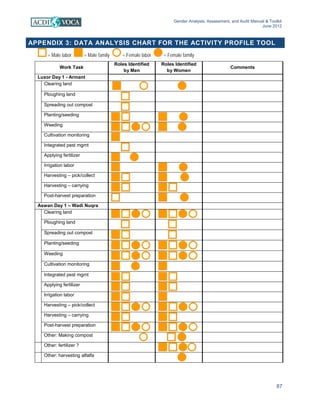 Gender Analysis, Assessment, and Audit Manual & Toolkit
June 2012
87
APPENDIX 3: DATA ANALYSIS CHART FOR THE ACTIVITY PROFILE TOOL
= Male labor = Male family = Female labor = Female family
Work Task
Roles Identified
by Men
Roles Identified
by Women
Comments
Luxor Day 1 - Armant
Clearing land
Ploughing land
Spreading out compost
Planting/seeding
Weeding
Cultivation monitoring
Integrated pest mgmt
Applying fertilizer
Irrigation labor
Harvesting – pick/collect
Harvesting – carrying
Post-harvest preparation
Aswan Day 1 – Wadi Nuqra
Clearing land
Ploughing land
Spreading out compost
Planting/seeding
Weeding
Cultivation monitoring
Integrated pest mgmt
Applying fertilizer
Irrigation labor
Harvesting – pick/collect
Harvesting – carrying
Post-harvest preparation
Other: Making compost
Other: fertilizer ?
Other: harvesting alfalfa
 
