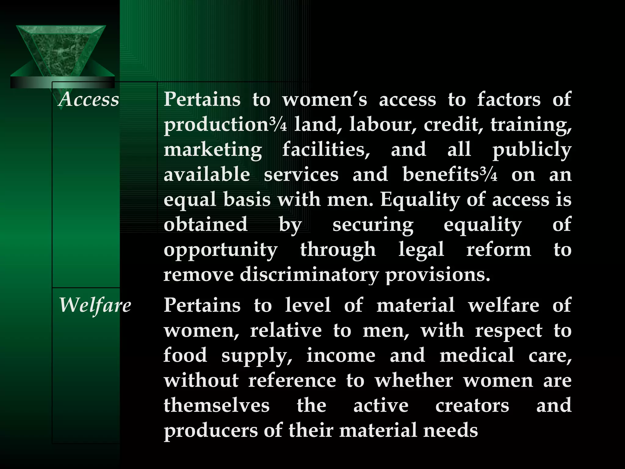 Pertains to level of material welfare of women, relative to men, with respect to food supply, income and medical care, without reference to whether women are themselves the active creators and producers of their material needs Welfare Pertains to women’s access to factors of production¾ land, labour, credit, training, marketing facilities, and all publicly available services and benefits¾ on an equal basis with men. Equality of access is obtained by securing equality of opportunity through legal reform to remove discriminatory provisions. Access 