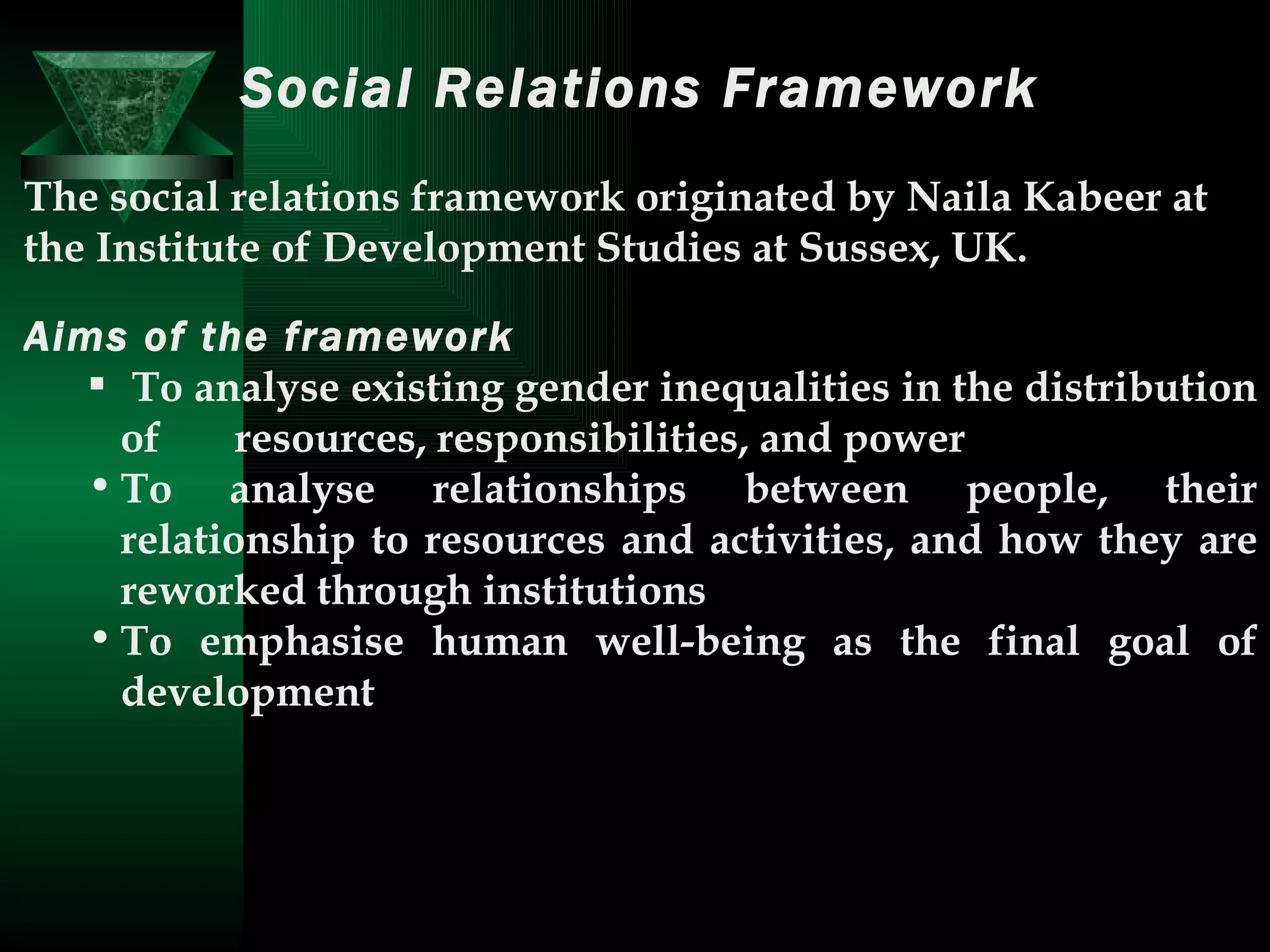 Social Relations Framework The social relations framework originated by Naila Kabeer at the Institute of Development Studies at Sussex, UK.  Aims of the framework  To analyse existing gender inequalities in the distribution of  resources, responsibilities, and power  To analyse relationships between people, their relationship to resources and activities, and how they are reworked through institutions  To emphasise human well-being as the final goal of development  