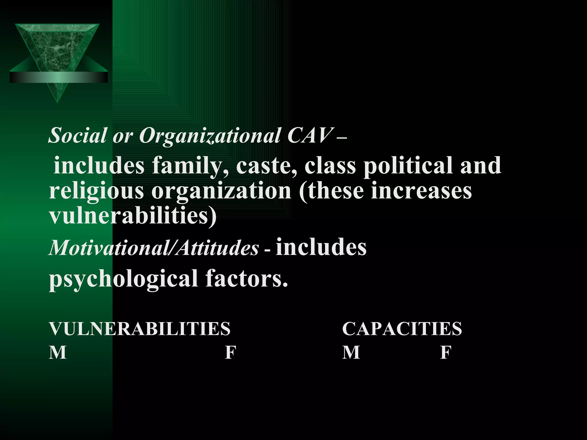 Social or Organizational CAV  – includes family, caste, class political and religious organization (these increases vulnerabilities) Motivational/Attitudes  -  includes  psychological factors. VULNERABILITIES CAPACITIES M F M   F 
