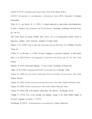 Lakoff, R. (1975). Language and woman's place. New York: Harper & Row.
LIN8015 Introduction to sociolinguistics: Introductory book. (2012). University of Southern
Queensland.
Maltz, D. N. and Borker, R. A. (1982). A cultural approach to male female miscommunication.
In John J. Gumperz (ed.) Language and Social Identity. Cambridge: Cambridge University Press,
pp. 196-216.
Md, Sohel. Ranai. & Osama, Khalifa. Moh. (2011). Sex as an independent variable related to
linguistics variables. Jazan University, Kingdom of Saudi Arabia
Nguyen, V. K. (1999). Ung xu ngon ngu trong giao tiep gia dinh nguoi Viet. Publisher: Van Hoa
Thong tin.
O’Barr, W. & Bowman, A. (1980). Women’s language' or 'powerless language'. In McConnell-
Ginet et al. (Eds.) Women and languages in Literature and Society. pp. 93-110. New York:
Praeger.
Spender, D. (1985). Man made language. 2nd edn. London: Routledge & Kegan Pail.
Talbot, M. M. (1998). Language and Gender: an introduction. Cambridge: Polity.
Tannen, D. (1990). You Just Don't Understand: Women and Men in Conversation. New York:
William Morrow.
Tannen, D. (1993). Gender and conversational interaction. New York: Oxford University Press.
Tannen, D. (1994). Gender and discourse. New York: Oxford University Press.
Tannen, D. (1998). Talk in the intimate relationship: His and hers. Wardhaugh (2010).
Trudgill, P. (1972). Sex, covert prestige and linguistic change in the urban British English of
Norwich. Language in Society, 1: 179-95.
Wardhaugh, R. (2010). An Introduction to sociolinguistics. Oxford: Blackwell.
 