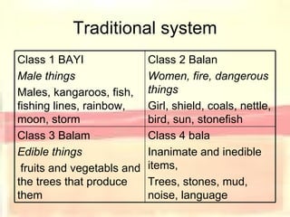 Traditional system Class 4 bala Inanimate and inedible items, Trees, stones, mud, noise, language Class 3 Balam Edible things fruits and vegetabls and the trees that produce them Class 2 Balan Women, fire, dangerous things Girl, shield, coals, nettle, bird, sun, stonefish Class 1 BAYI Male things Males, kangaroos, fish, fishing lines, rainbow, moon, storm 