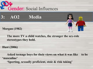 3: AO2 Media
Social Influences
Morgan (1982)
The more TV a child watches, the stronger the sex-role
stereotypes they hold.
Hust (2006)
Asked teenage boys for their views on what it was like to be
‘masculine’
‘Sporting, sexually proficient, stoic & risk taking’
 