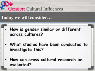 Today we will consider…
• How is gender similar or different
across cultures?
• What studies have been conducted to
investigate this?
• How can cross cultural research be
evaluated?
Cultural Influences
 
