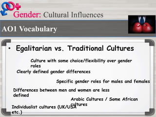 AO1 Vocabulary
• Egalitarian vs. Traditional Cultures
Cultural Influences
Culture with some choice/flexibility over gender
roles
Differences between men and women are less
defined
Clearly defined gender differences
Specific gender roles for males and females
Arabic Cultures / Some African
cultures
Individualist cultures (UK/USA
etc.)
 