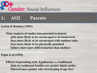 1: AO2 Parents
Social Influences
Lytton & Romney (1991)
Meta Analysis of studies into parental treatment
girls more likely to be encouraged to do housework
boys more likely to be encouraged with outdoor tasks
boys more likely to be physically punished
fathers show more differentiation than mothers
Fagot et al (1992)
Effects of parenting style. Egalitarian vs. traditional.
Kids in traditional families use gender labels earlier
Showed more gender role stereotyping at age 4yrs
 