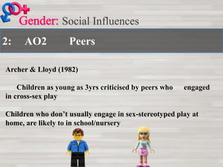 2: AO2 Peers
Social Influences
Archer & Lloyd (1982)
Children as young as 3yrs criticised by peers who engaged
in cross-sex play
Children who don’t usually engage in sex-stereotyped play at
home, are likely to in school/nursery
 