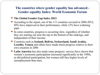 The countries where gender equality has advanced -
Gender equality Index: World Economic Forum
 The Global Gender Gap Index 2012
 According to the report, out of the 111 countries covered in 2006-2012,
88% have improved in their performance, while 12% have widening
gaps.
 In some countries, progress is occurring slow, regardless of whether
they are starting out near the top or the bottom of the rankings, and
independent of their income.
 Countries such as Iceland, Bolivia, Switzerland, Saudi Arabia,
Lesotho, Yemen and others have made much progress relative to their
own situation in 2006
 Latin America has also made some progress: surveys have shown that
women’s economic participation increased significantly in the 1990s,
as did political participation, but women still face higher levels of
unemployment than men.
 