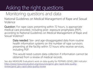Asking the right questions
Monitoring questions and data
National Guidelines on Medical Management of Rape and Sexual
Viol...