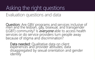 Question: Are GBV programs and services inclusive of
men and the lesbian, gay, bisexual, and transgender
(LGBT) community?...