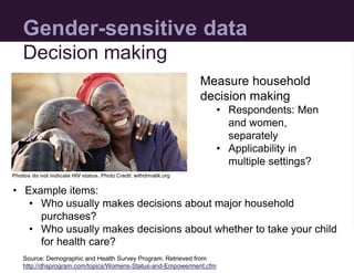 Gender-sensitive data
Measure household
decision making
• Respondents: Men
and women,
separately
• Applicability in
multip...
