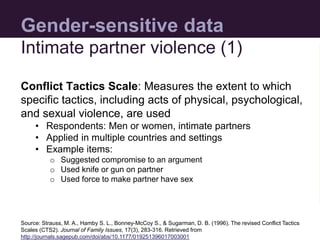 Gender-sensitive data
Conflict Tactics Scale: Measures the extent to which
specific tactics, including acts of physical, p...