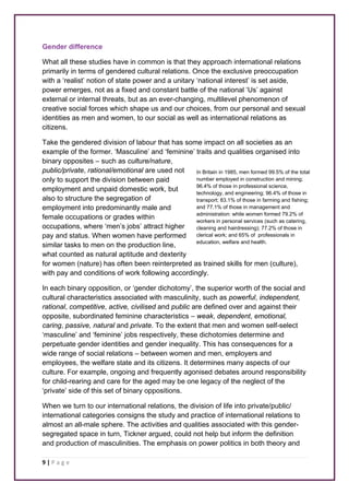 Gender difference 
What all these studies have in common is that they approach international relations 
primarily in terms of gendered cultural relations. Once the exclusive preoccupation 
with a ‘realist’ notion of state power and a unitary ‘national interest’ is set aside, 
power emerges, not as a fixed and constant battle of the national ‘Us’ against 
external or internal threats, but as an ever-changing, multilevel phenomenon of 
creative social forces which shape us and our choices, from our personal and sexual 
identities as men and women, to our social as well as international relations as 
citizens. 
Take the gendered division of labour that has some impact on all societies as an 
example of the former. ‘Masculine’ and ‘feminine’ traits and qualities organised into 
binary opposites – such as culture/nature, 
public/private, rational/emotional are used not 
only to support the division between paid 
employment and unpaid domestic work, but 
also to structure the segregation of 
employment into predominantly male and 
female occupations or grades within 
occupations, where ‘men’s jobs’ attract higher 
pay and status. When women have performed 
similar tasks to men on the production line, 
what counted as natural aptitude and dexterity 
for women (nature) has often been reinterpreted as trained skills for men (culture), 
with pay and conditions of work following accordingly. 
In each binary opposition, or ‘gender dichotomy’, the superior worth of the social and 
cultural characteristics associated with masculinity, such as powerful, independent, 
rational, competitive, active, civilised and public are defined over and against their 
opposite, subordinated feminine characteristics – weak, dependent, emotional, 
caring, passive, natural and private. To the extent that men and women self-select 
‘masculine’ and ‘feminine’ jobs respectively, these dichotomies determine and 
perpetuate gender identities and gender inequality. This has consequences for a 
wide range of social relations – between women and men, employers and 
employees, the welfare state and its citizens. It determines many aspects of our 
culture. For example, ongoing and frequently agonised debates around responsibility 
for child-rearing and care for the aged may be one legacy of the neglect of the 
‘private’ side of this set of binary oppositions. 
When we turn to our international relations, the division of life into private/public/ 
international categories consigns the study and practice of international relations to 
almost an all-male sphere. The activities and qualities associated with this gender-segregated 
9 | P a g e 
In Britain in 1985, men formed 99.5% of the total 
number employed in construction and mining; 
96.4% of those in professional science, 
technology, and engineering; 96.4% of those in 
transport; 83.1% of those in farming and fishing; 
and 77.1% of those in management and 
administration: while women formed 79.2% of 
workers in personal services (such as catering, 
cleaning and hairdressing); 77.2% of those in 
clerical work; and 65% of professionals in 
education, welfare and health. 
space in turn, Tickner argued, could not help but inform the definition 
and production of masculinities. The emphasis on power politics in both theory and 
 