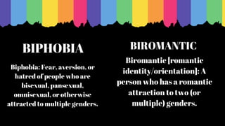 BIPHOBIA
Biphobia: Fear, aversion, or
hatred of people who are
bisexual, pansexual,
omnisexual, or otherwise
attracted to multiple genders.
Biromantic [romantic
identity/orientation]: A
person who has a romantic
attraction to two (or
multiple) genders.
BIROMANTIC
 