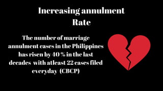 Increasing annulment
Rate
The number of marriage
annulment cases in the Philippines
has risen by 40 % in the last
decades with atleast 22 cases filed
everyday (CBCP)
 