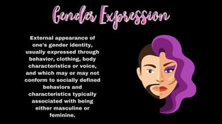 Gender Expression
Gender Expression
External appearance of
one's gender identity,
usually expressed through
behavior, clothing, body
characteristics or voice,
and which may or may not
conform to socially defined
behaviors and
characteristics typically
associated with being
either masculine or
feminine.
 