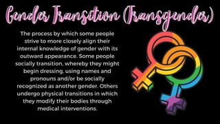 Gender Transition (Transgender)
Gender Transition (Transgender)
The process by which some people
strive to more closely align their
internal knowledge of gender with its
outward appearance. Some people
socially transition, whereby they might
begin dressing, using names and
pronouns and/or be socially
recognized as another gender. Others
undergo physical transitions in which
they modify their bodies through
medical interventions.
 