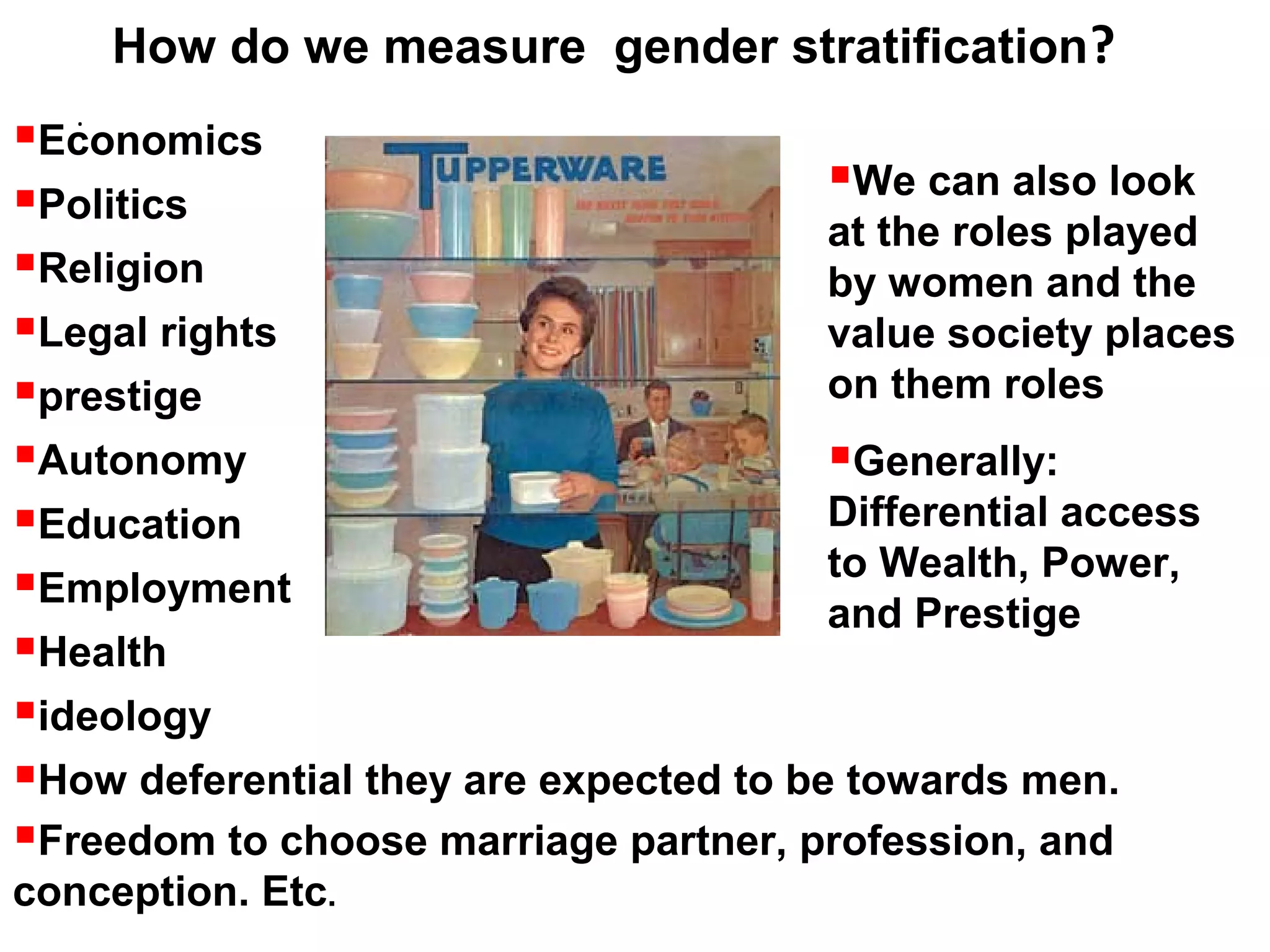 How do we measure gender stratification?
.
Economics
Politics
Religion
Legal rights
prestige
Autonomy
Education
Employment
Health
ideology
How deferential they are expected to be towards men.
Freedom to choose marriage partner, profession, and
conception. Etc.
We can also look
at the roles played
by women and the
value society places
on them roles
Generally:
Differential access
to Wealth, Power,
and Prestige
 