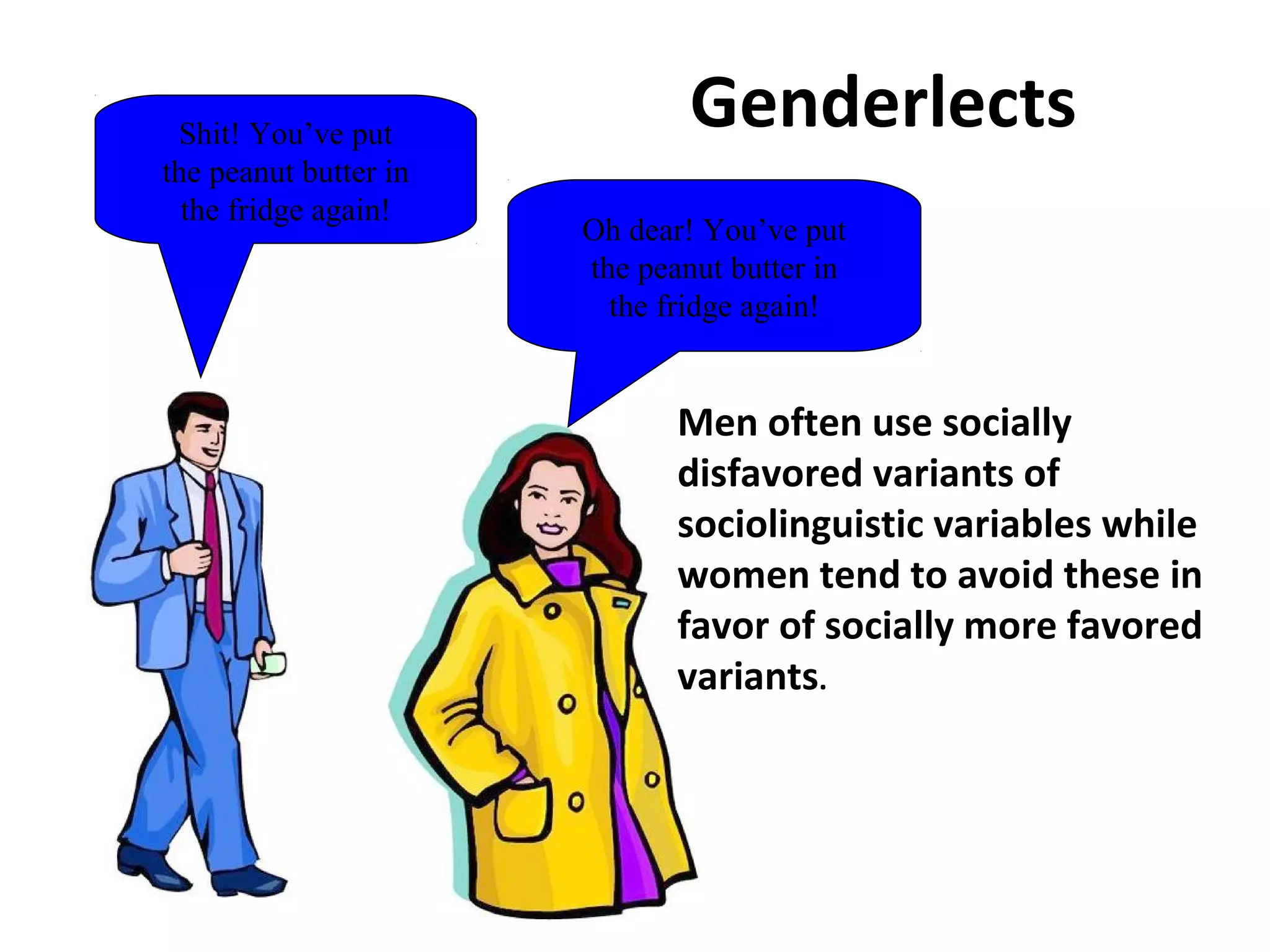 Shit! You’ve put
the peanut butter in
the fridge again!
Oh dear! You’ve put
the peanut butter in
the fridge again!
Men often use socially
disfavored variants of
sociolinguistic variables while
women tend to avoid these in
favor of socially more favored
variants.
Genderlects
 