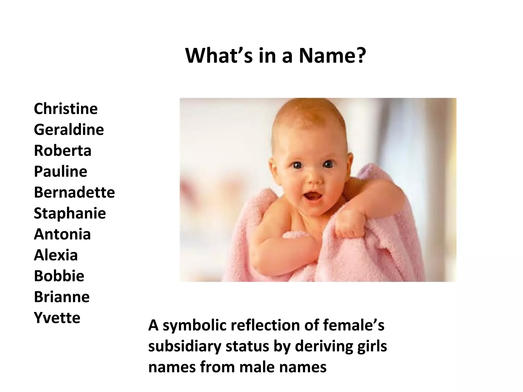 What’s in a Name?
Christine
Geraldine
Roberta
Pauline
Bernadette
Staphanie
Antonia
Alexia
Bobbie
Brianne
Yvette A symbolic reflection of female’s
subsidiary status by deriving girls
names from male names
 