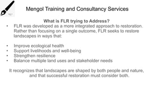Mengol Training and Consultancy Services
What is FLR trying to Address?
• FLR was developed as a more integrated approach to restoration.
Rather than focusing on a single outcome, FLR seeks to restore
landscapes in ways that:
• Improve ecological health
• Support livelihoods and well-being
• Strengthen resilience
• Balance multiple land uses and stakeholder needs
It recognizes that landscapes are shaped by both people and nature,
and that successful restoration must consider both.
 