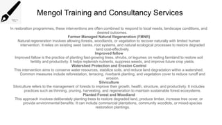 Mengol Training and Consultancy Services
In restoration programmes, these interventions are often combined to respond to local needs, landscape conditions, and
desired outcomes.
Farmer Managed Natural Regeneration (FMNR)
Natural regeneration involves allowing forests, woodlands, or vegetation to recover naturally with limited human
intervention. It relies on existing seed banks, root systems, and natural ecological processes to restore degraded
land cost-effectively.
Improved fallow
Improved fallow is the practice of planting fast-growing trees, shrubs, or legumes on resting farmland to restore soil
fertility and productivity. It helps replenish nutrients, suppress weeds, and improve future crop yields.
Watershed Protection and Erosion Control
This intervention aims to conserve water resources, stabilize soils, and reduce land degradation within a watershed.
Common measures include reforestation, terracing, riverbank planting, and vegetation cover to reduce runoff and
erosion.
Silviculture
Silviculture refers to the management of forests to improve their growth, health, structure, and productivity. It includes
practices such as thinning, pruning, harvesting, and regeneration to maintain sustainable forest ecosystems.
Planted Forest and Woodland
This approach involves deliberately planting trees to restore degraded land, produce timber, increase tree cover, or
provide environmental benefits. It can include commercial plantations, community woodlots, or mixed-species
restoration plantings.
 