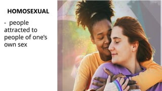 HOMOSEXUAL
- people
attracted to
people of one’s
own sex
 
