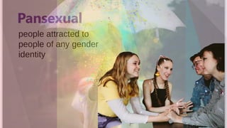 Pansexual
people attracted to
people of any gender
identity
 