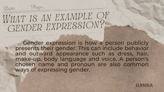 Gender expression is how a person publicly
presents their gender. This can include behavior
and outward appearance such as dress, hair,
make-up, body language and voice. A person's
chosen name and pronoun are also common
ways of expressing gender.
What is an example of
gender expression?
HANNA
 