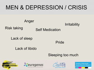 MEN & DEPRESSION / CRISIS
Pride
Anger
Irritability
Self Medication
Lack of libido
Lack of sleep
Risk taking
Sleeping too much
 