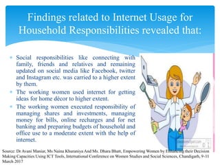  Social responsibilities like connecting with
family, friends and relatives and remaining
updated on social media like Facebook, twitter
and Instagram etc. was carried to a higher extent
by them.
 The working women used internet for getting
ideas for home décor to higher extent.
 The working women executed responsibility of
managing shares and investments, managing
money for bills, online recharges and for net
banking and preparing budgets of household and
office use to a moderate extent with the help of
internet.
Findings related to Internet Usage for
Household Responsibilities revealed that:
Source: Dr Avani Maniar, Ms Naina Khuraniya And Ms. Dhara Bhatt, Empowering Women by Enhancing their Decision
Making Capacities Using ICT Tools, International Conference on Women Studies and Social Sciences, Chandigarh, 9-11
March 2017
 