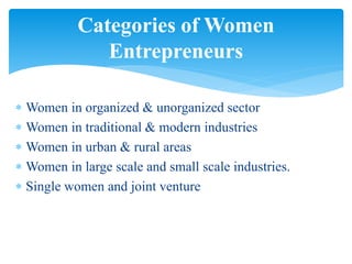  Women in organized & unorganized sector
 Women in traditional & modern industries
 Women in urban & rural areas
 Women in large scale and small scale industries.
 Single women and joint venture
Categories of Women
Entrepreneurs
 