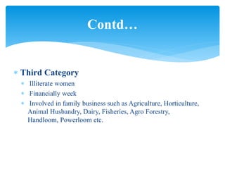  Third Category
 Illiterate women
 Financially week
 Involved in family business such as Agriculture, Horticulture,
Animal Husbandry, Dairy, Fisheries, Agro Forestry,
Handloom, Powerloom etc.
Contd…
 