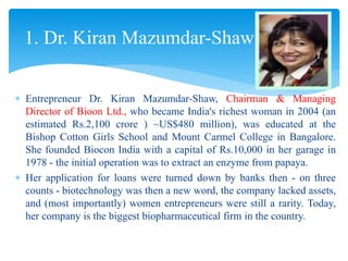  Entrepreneur Dr. Kiran Mazumdar-Shaw, Chairman & Managing
Director of Bioon Ltd., who became India's richest woman in 2004 (an
estimated Rs.2,100 crore ) ~US$480 million), was educated at the
Bishop Cotton Girls School and Mount Carmel College in Bangalore.
She founded Biocon India with a capital of Rs.10,000 in her garage in
1978 - the initial operation was to extract an enzyme from papaya.
 Her application for loans were turned down by banks then - on three
counts - biotechnology was then a new word, the company lacked assets,
and (most importantly) women entrepreneurs were still a rarity. Today,
her company is the biggest biopharmaceutical firm in the country.
1. Dr. Kiran Mazumdar-Shaw
 