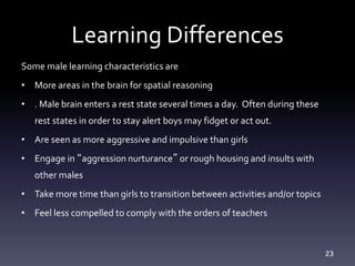 23
Learning Differences
Some male learning characteristics are
• More areas in the brain for spatial reasoning
• . Male brain enters a rest state several times a day. Often during these
rest states in order to stay alert boys may fidget or act out.
• Are seen as more aggressive and impulsive than girls
• Engage in “aggression nurturance” or rough housing and insults with
other males
• Take more time than girls to transition between activities and/or topics
• Feel less compelled to comply with the orders of teachers
 
